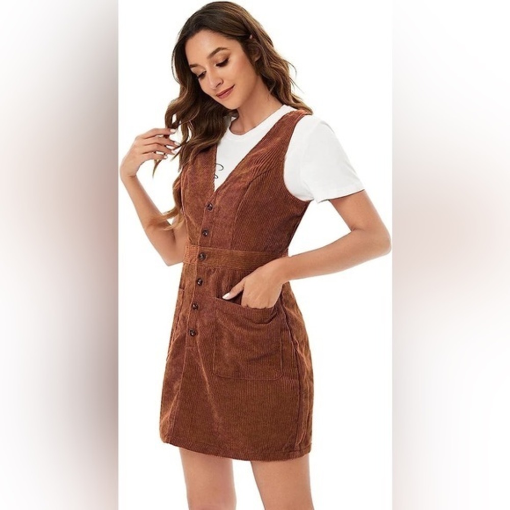 Express Brown Corduroy Button-Front Pinafore Dress